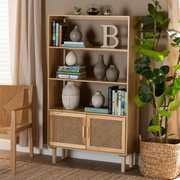 Baxton Studio Faulkner Mid-Century Natural Brown Finished Wood and Rattan 2-Door Bookcase 199-12318-ZORO